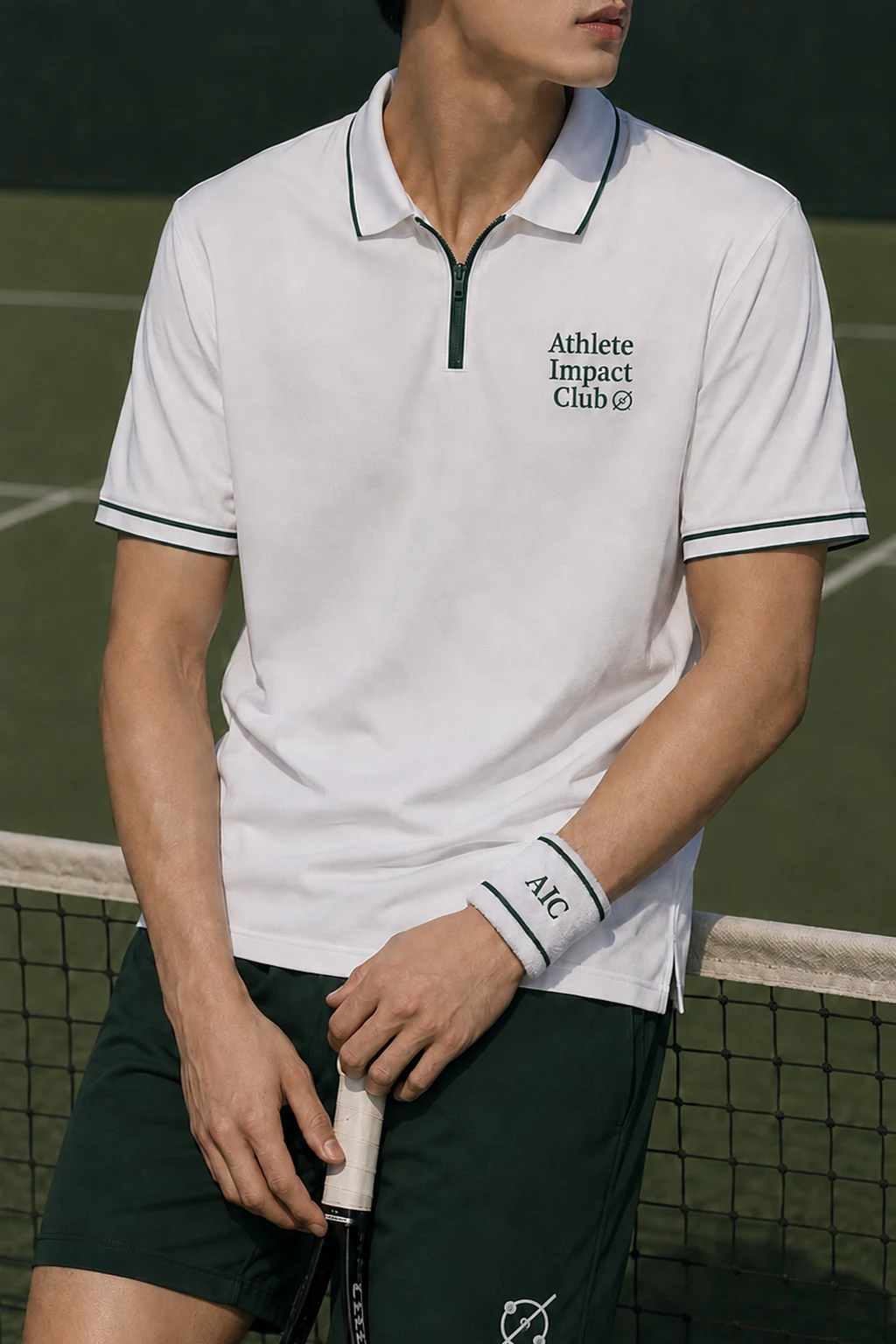 A tennis player wearing Athlete Impact Club apparel