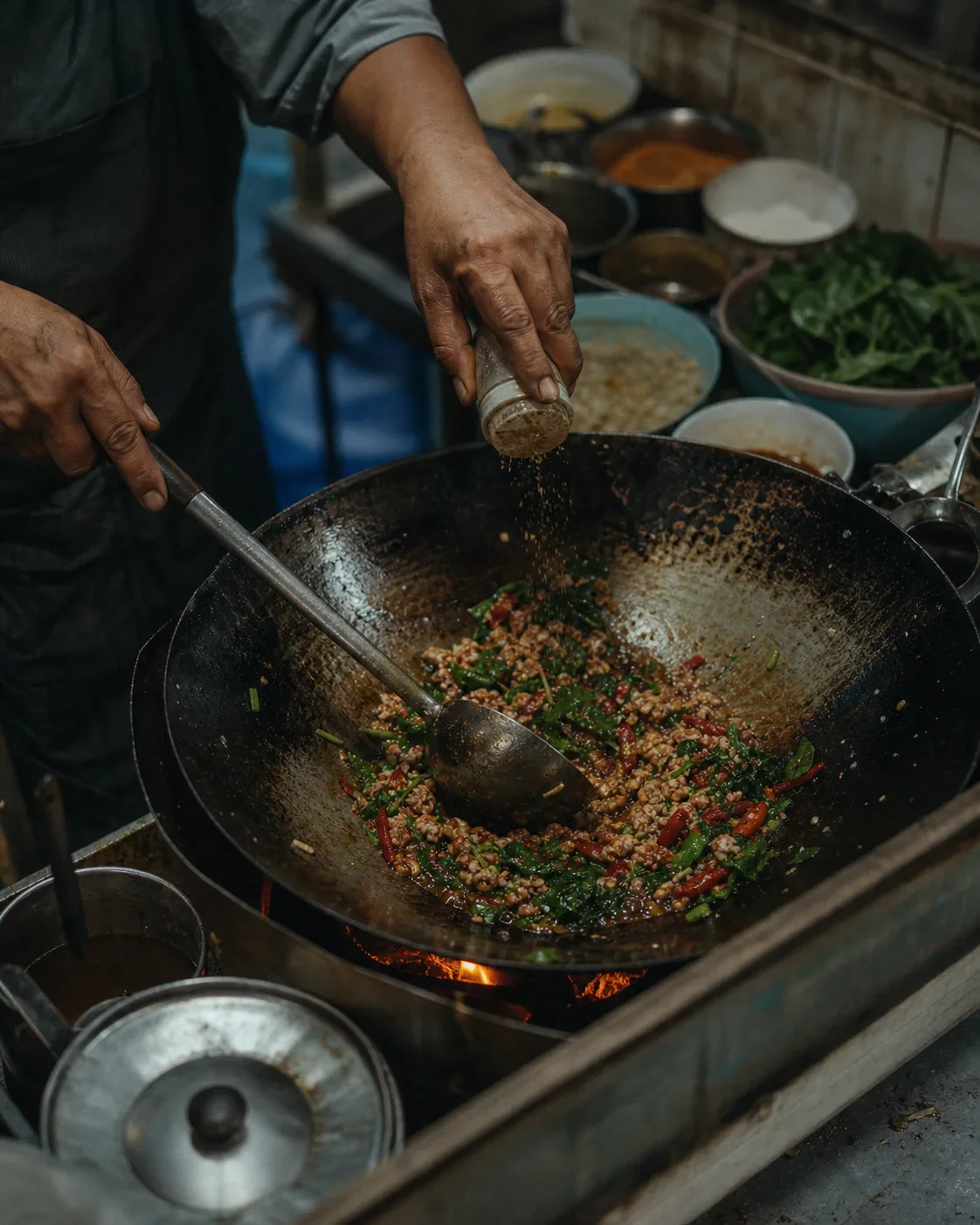 A cook seasoning food in a wok