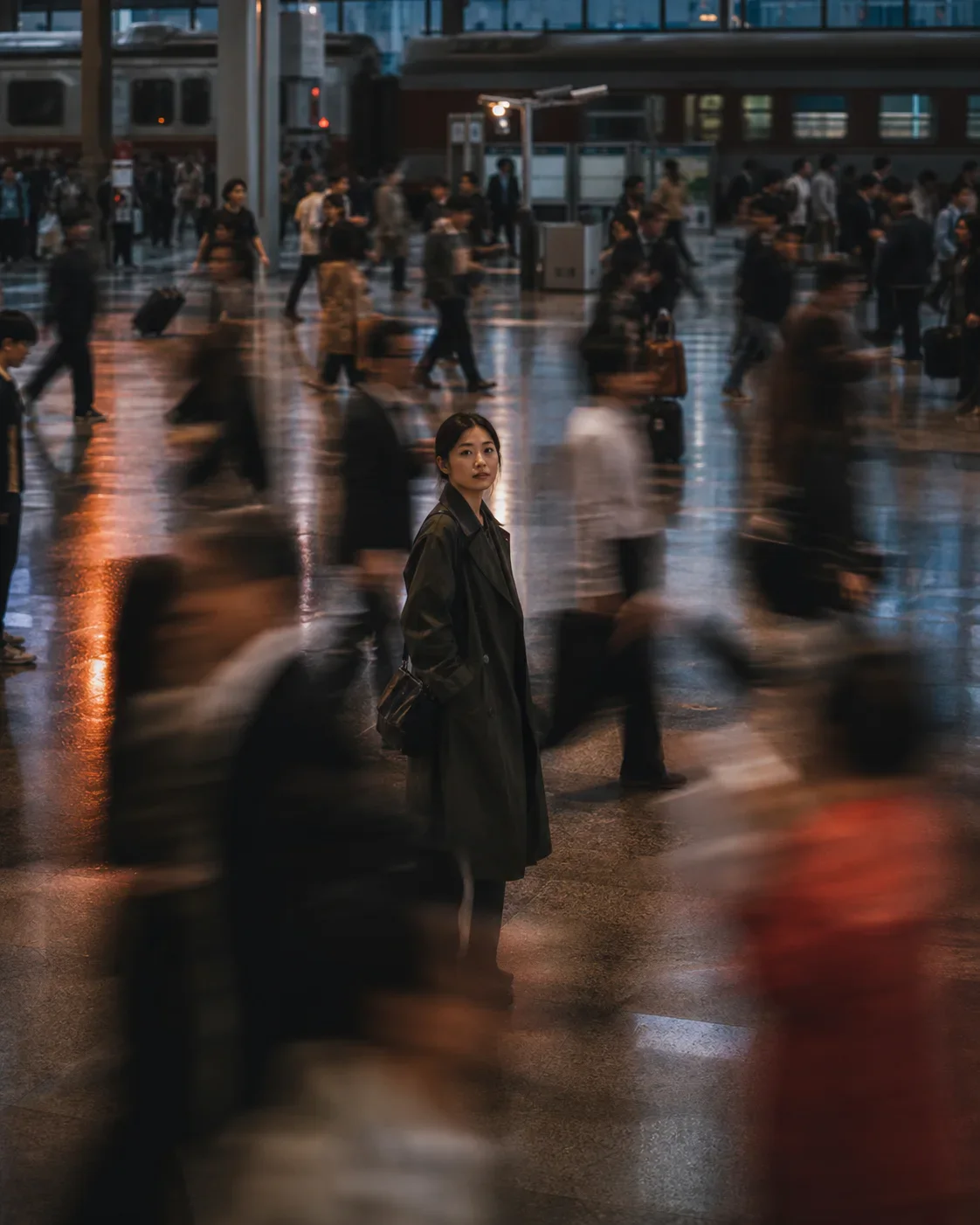 A woman standing still among moving commuters in a train station